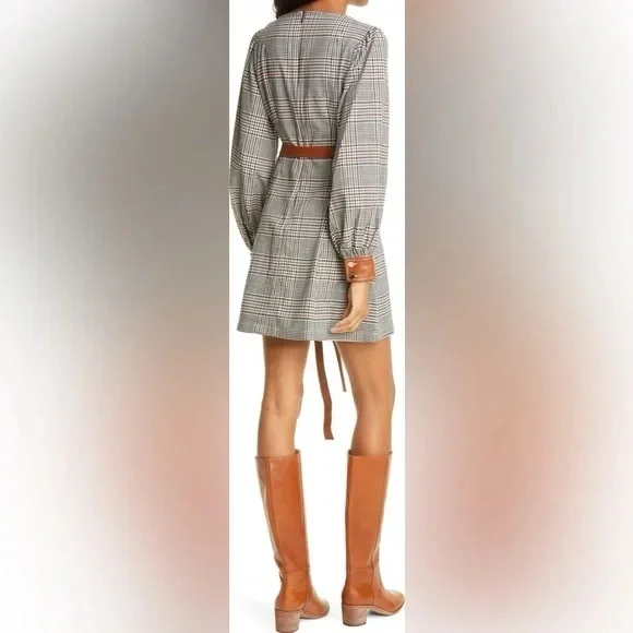 STAUD ‘Oz’ Checkered Long Sleeve Dress with Leatherette Details - Picture 7 of 16